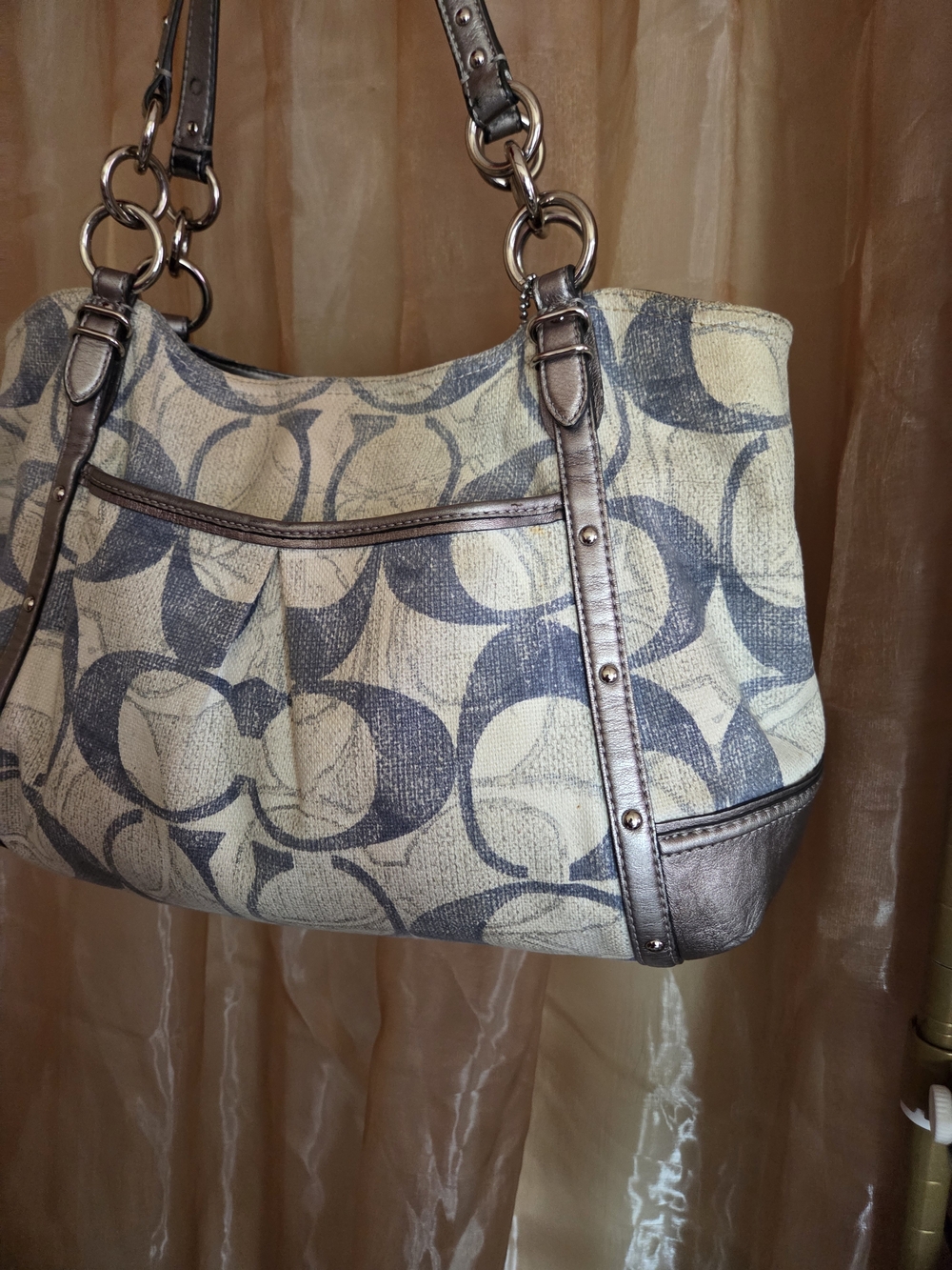 Coach Signature Pattern Canvas Leather Shoulder Handbag Vtg Slouch Logo Tote